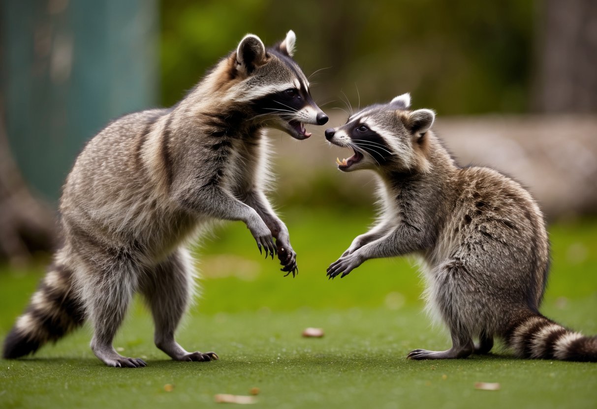 A raccoon stands on hind legs, hissing at another raccoon. The second raccoon cowers and bares its teeth in response