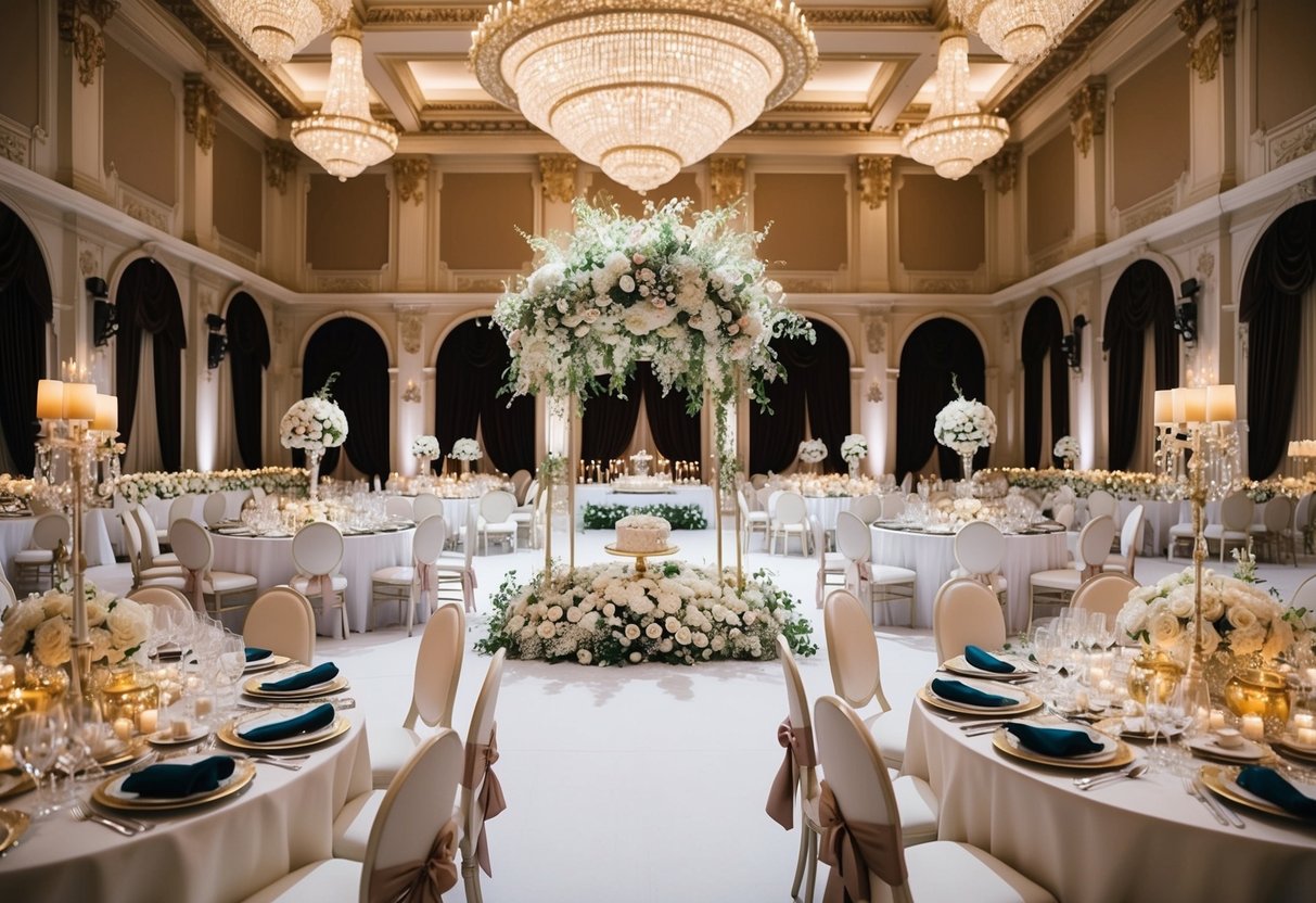 A lavish wedding ceremony in a grand ballroom with opulent decorations and a luxurious banquet spread
