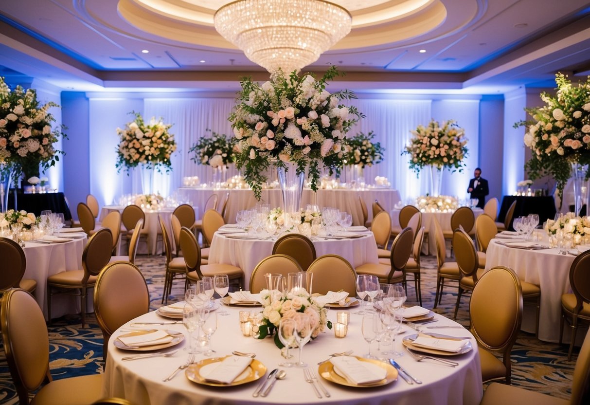 A lavish wedding reception at a luxurious venue with opulent decor and extravagant floral arrangements