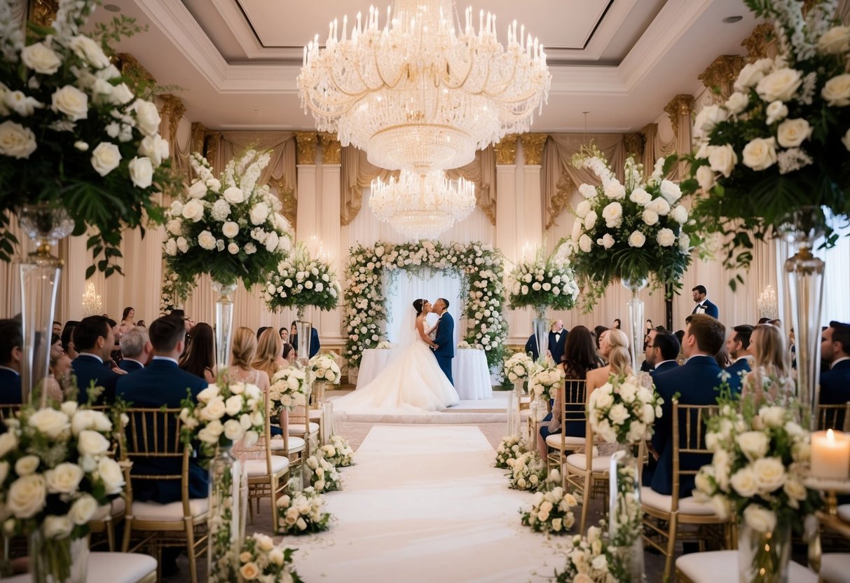 A lavish wedding ceremony taking place in a grand ballroom adorned with opulent decorations, extravagant floral arrangements, and elegant chandeliers