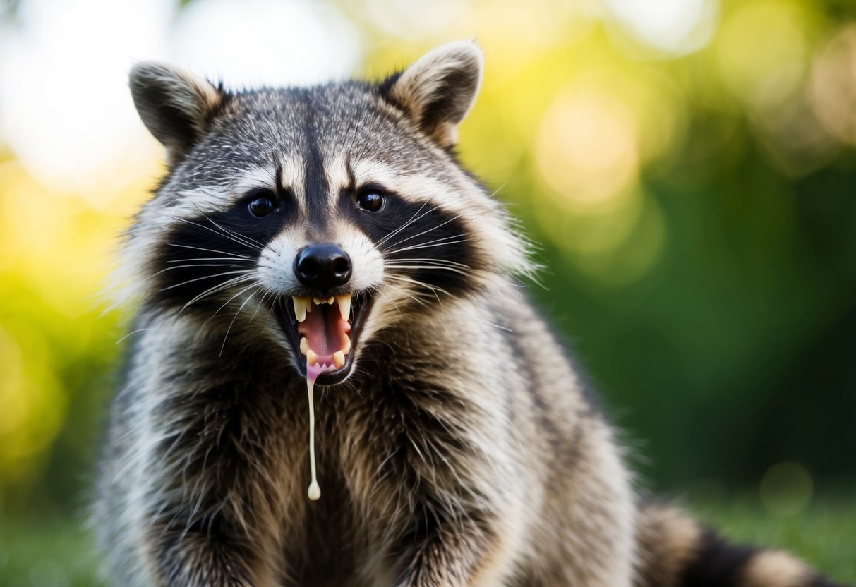 A raccoon snarls, baring its teeth, saliva dripping from its mouth, as it displays aggressive behavior