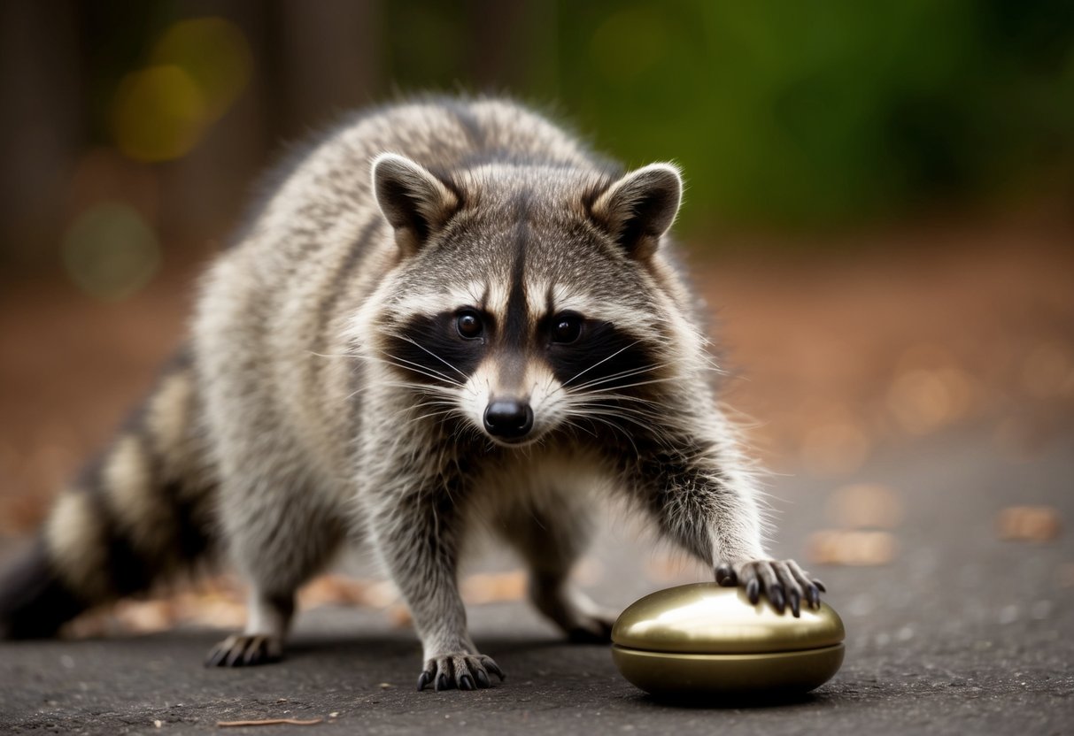 A raccoon tentatively reaches out to touch a curious object, its masked face displaying a mix of caution and interest