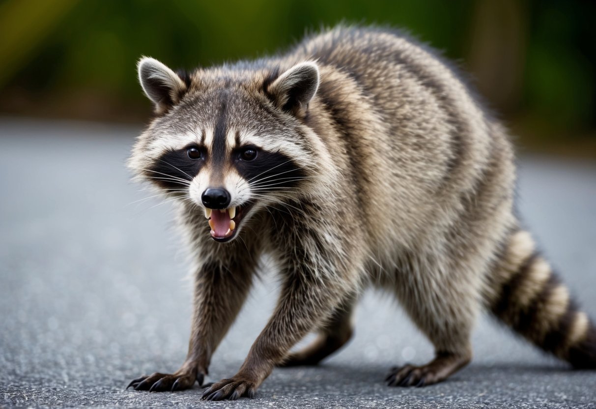 A raccoon with foaming mouth, aggressive stance, and disheveled fur