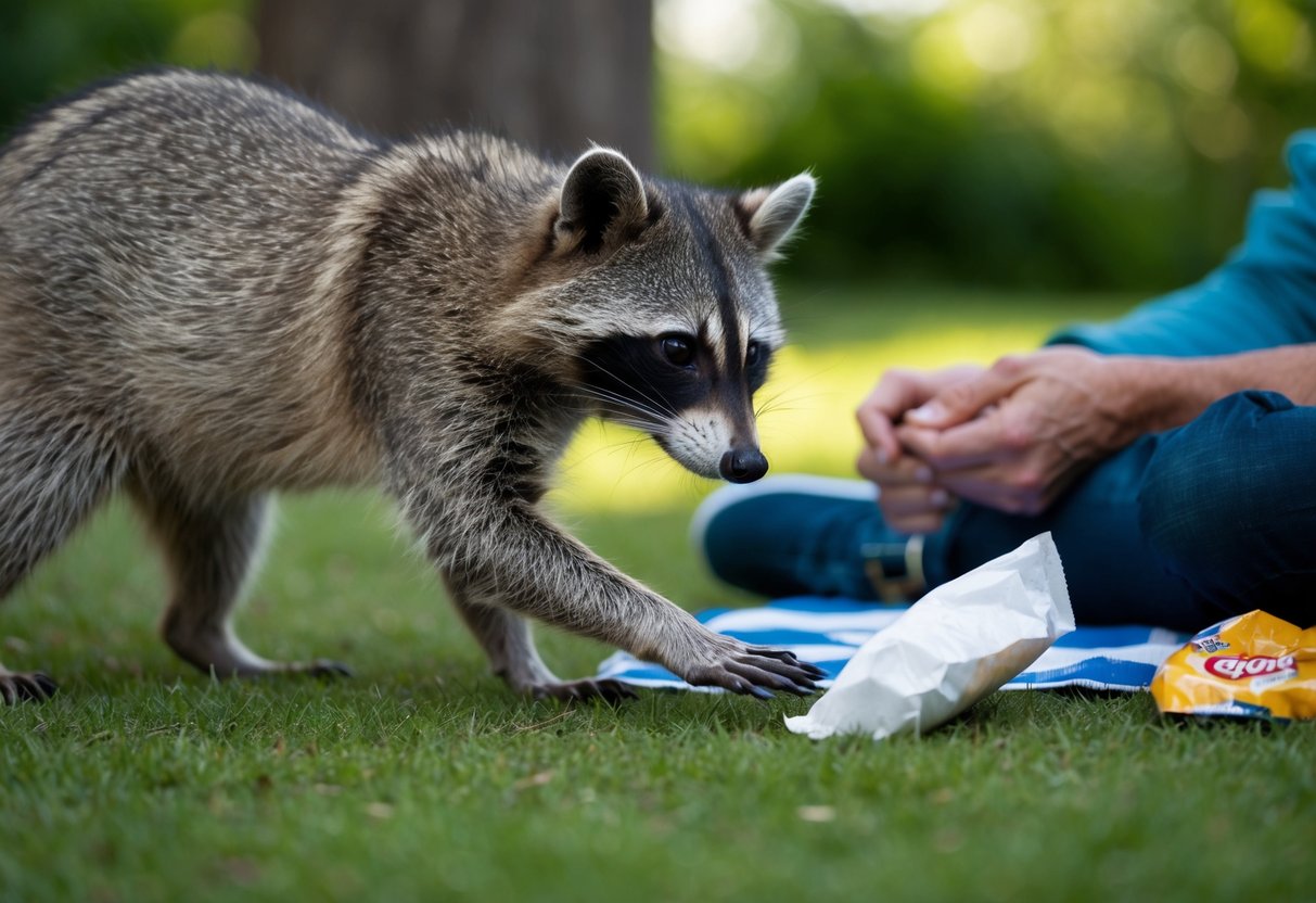 A raccoon approaches a person's picnic area, its paw reaching out towards a discarded food wrapper