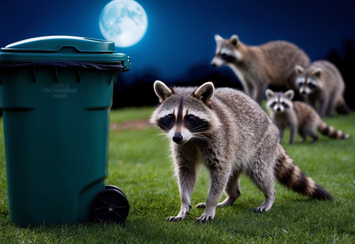 A raccoon cautiously approaches a garbage can, its eyes alert and ears perked. In the background, a family of raccoons forages for food in the moonlit night