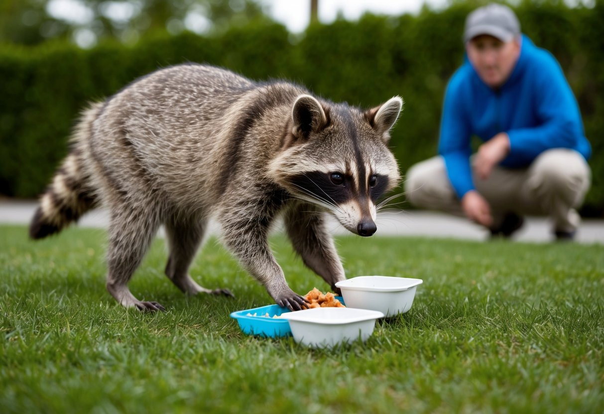 A raccoon cautiously approaches a person's discarded food, while the person watches from a distance, ready to intervene if necessary