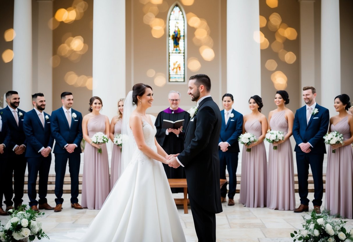 Bride and groom stand in the center, surrounded by bridesmaids and groomsmen, with the officiant at the front
