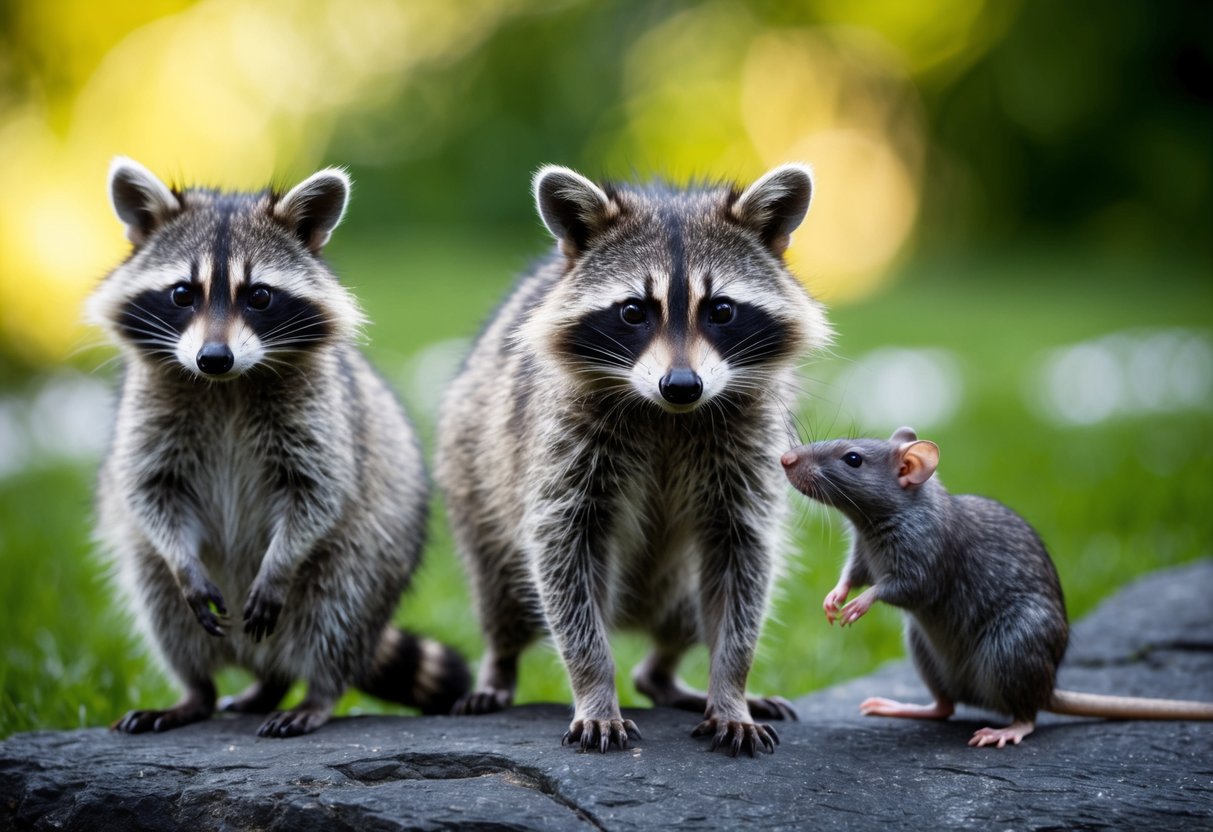 A raccoon and a rat stand side by side, showcasing their distinct features and sizes