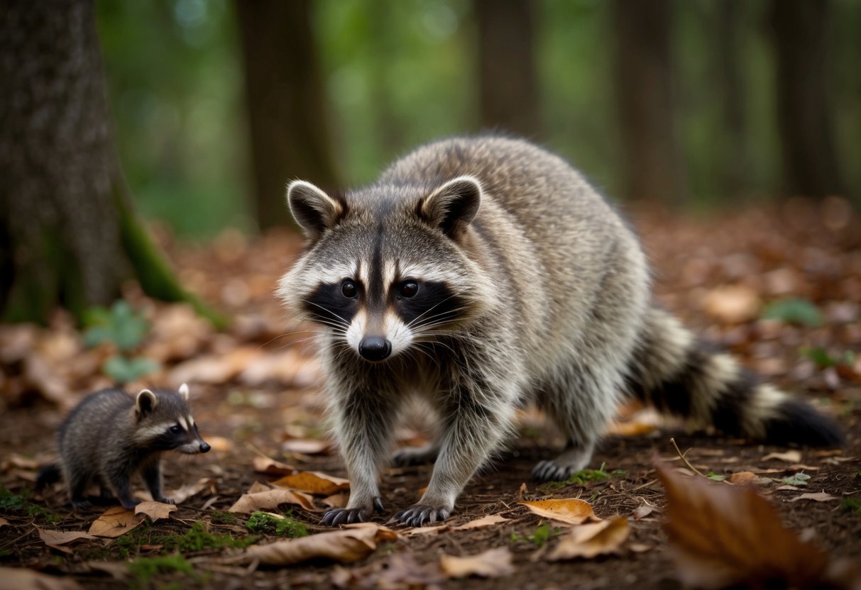A raccoon scavenges for food in a forest, surrounded by fallen leaves and small woodland creatures