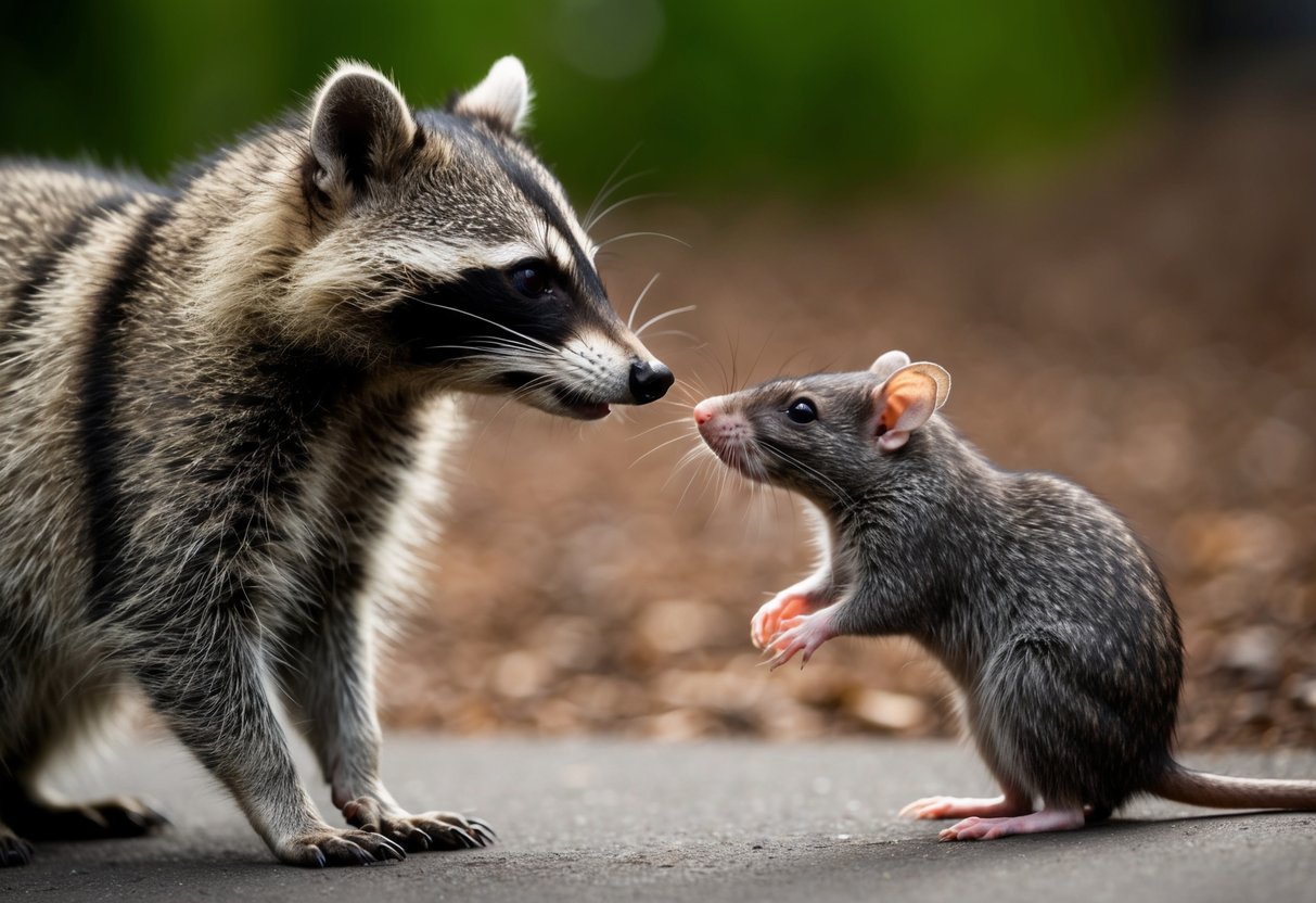 A raccoon and a rat facing each other, with the raccoon displaying its distinctive black mask and ringed tail, while the rat appears smaller and less distinct