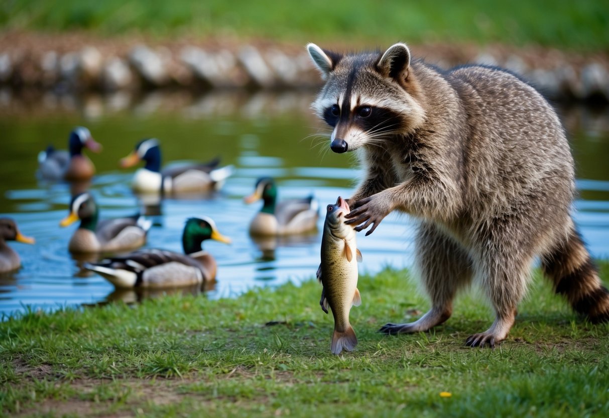A raccoon stands near a pond, watching a group of ducks swimming. It holds a fish in its paws, ready to eat
