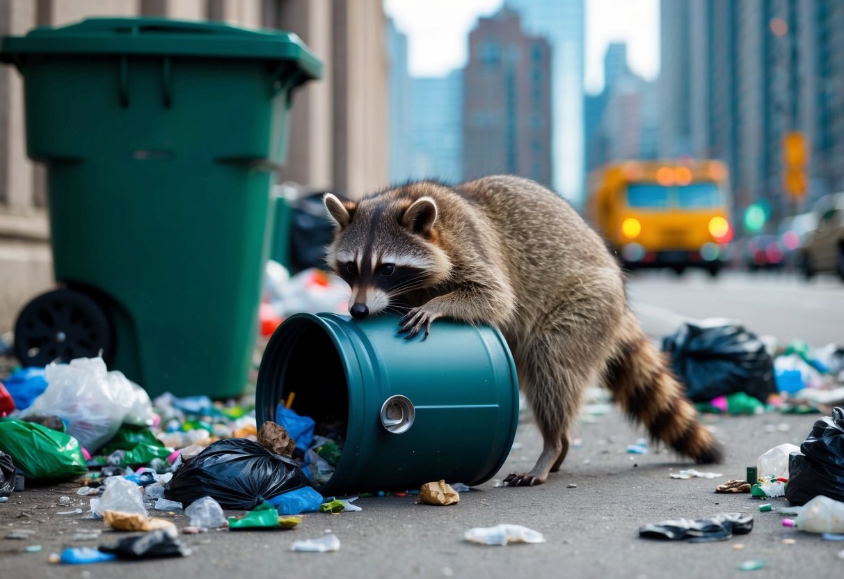 A raccoon forages through a trash can, surrounded by scattered garbage and urban buildings in the background