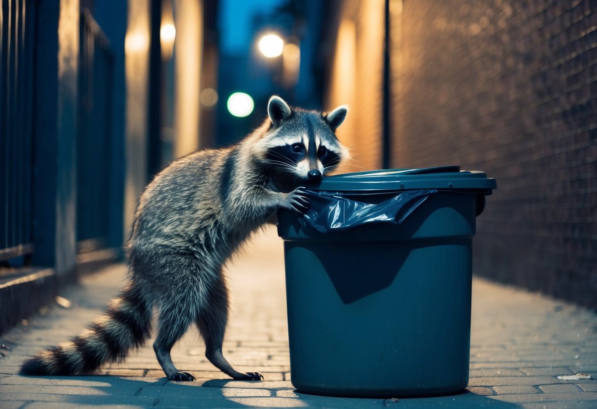 A raccoon rummages through a trash can in a dimly lit alleyway