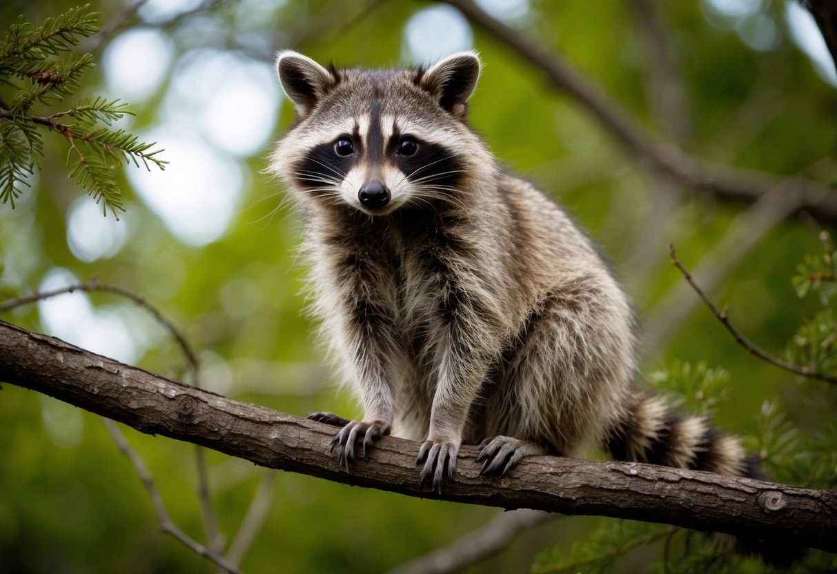 A raccoon sits on a tree branch, surrounded by nature