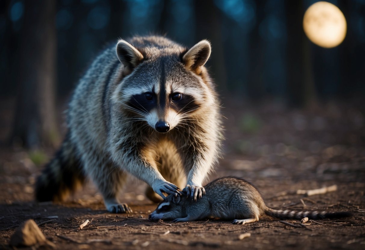 A raccoon scavenges a dead rodent in the moonlit forest