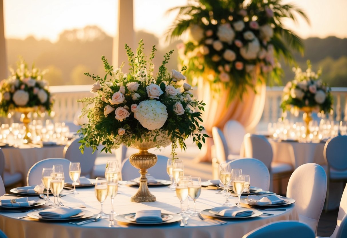 A lavish wedding venue with blooming flowers and ornate decorations, set against a backdrop of warm, golden sunlight