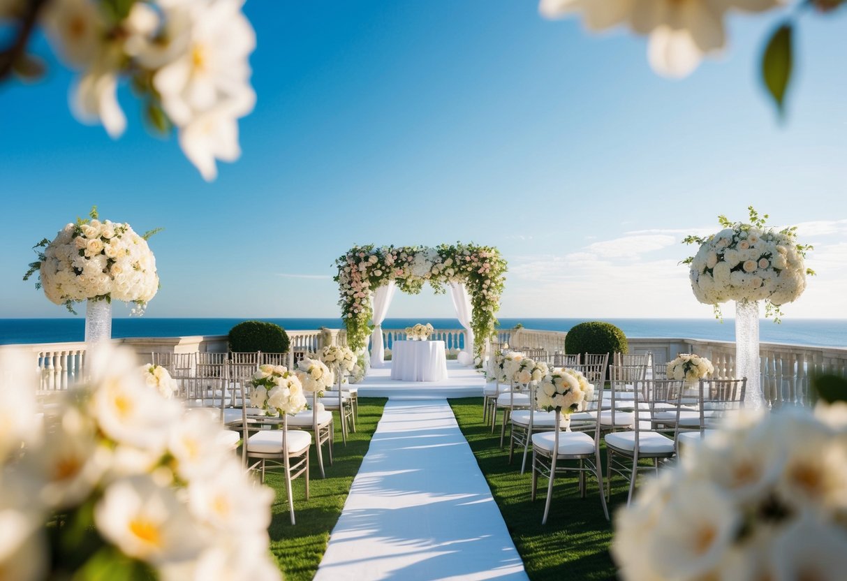 A lavish wedding venue in June with blooming flowers and a clear blue sky