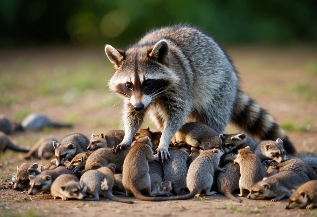 A raccoon scavenging through a pile of dead rodents, sniffing and inspecting them with curiosity