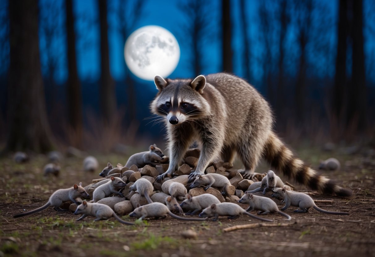 A raccoon scavenges a pile of dead rodents in a moonlit forest clearing