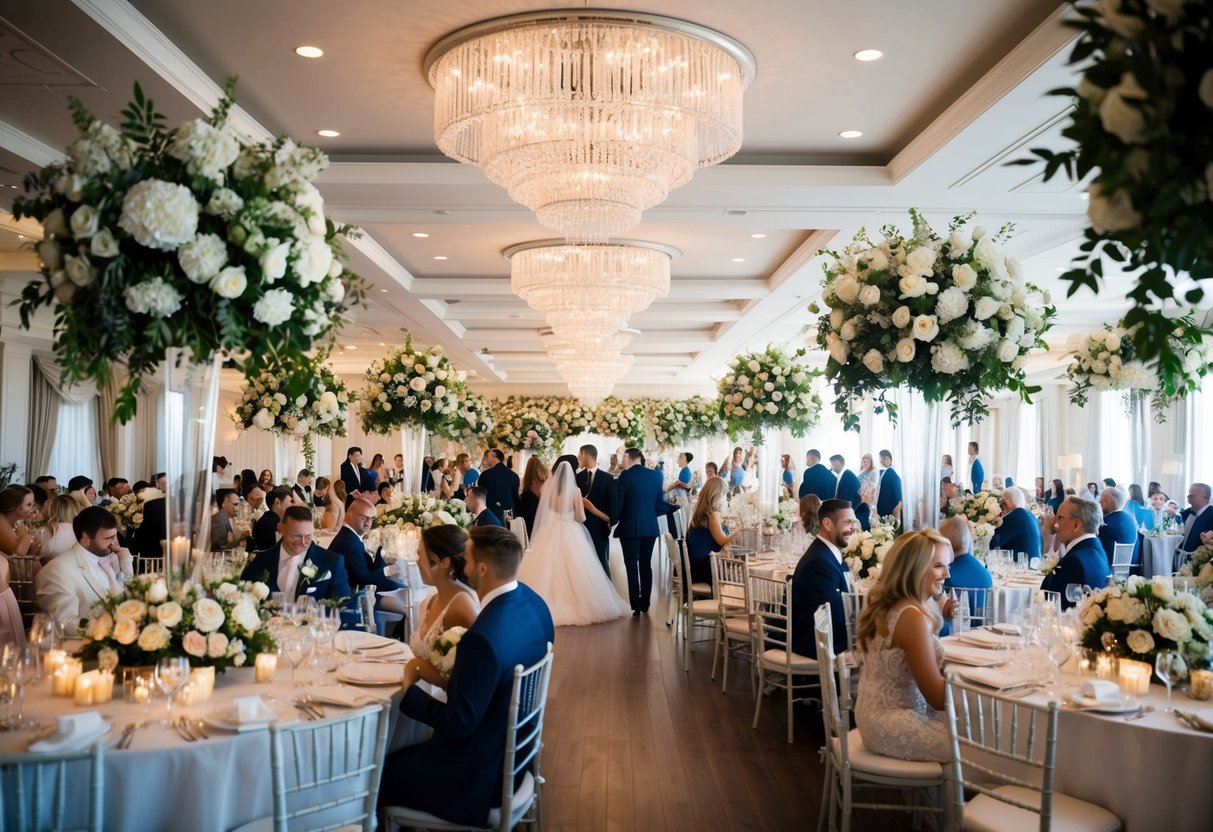 A bustling wedding venue in June, filled with elegant decorations and luxurious floral arrangements, as couples eagerly plan their expensive summer weddings