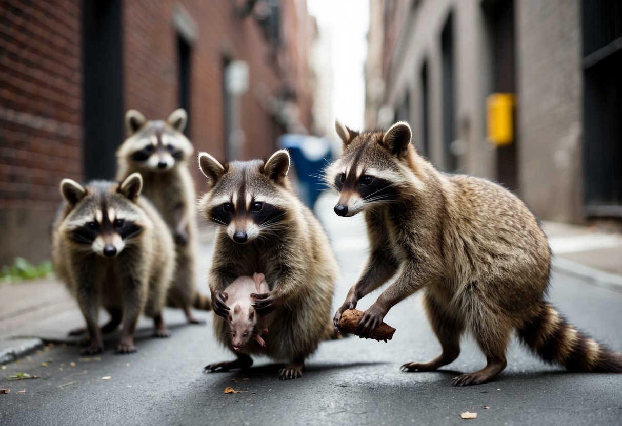 A group of raccoons foraging in a city alley, one holding a dead rodent in its paws while the others watch
