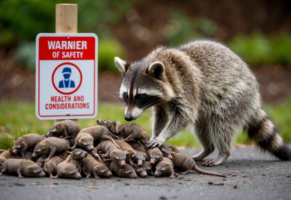 A raccoon sniffs at a pile of dead rodents, its masked face curious and cautious. Nearby, a sign warns of health and safety considerations