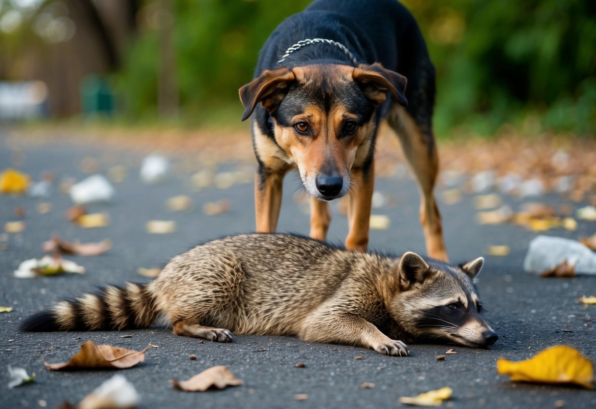 A dog stands over a raccoon lying motionless on the ground, surrounded by scattered trash and leaves