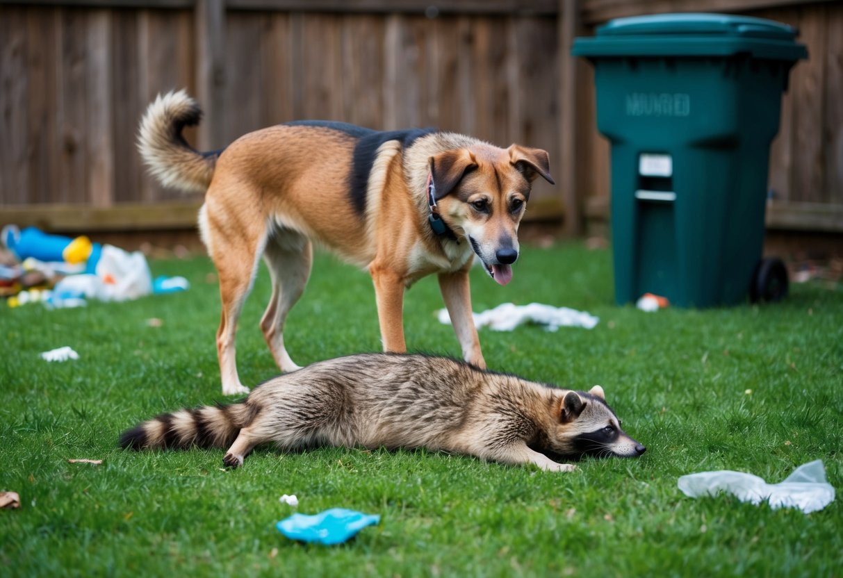 A dog standing over a raccoon's lifeless body in the backyard, with scattered trash and a broken garbage can nearby