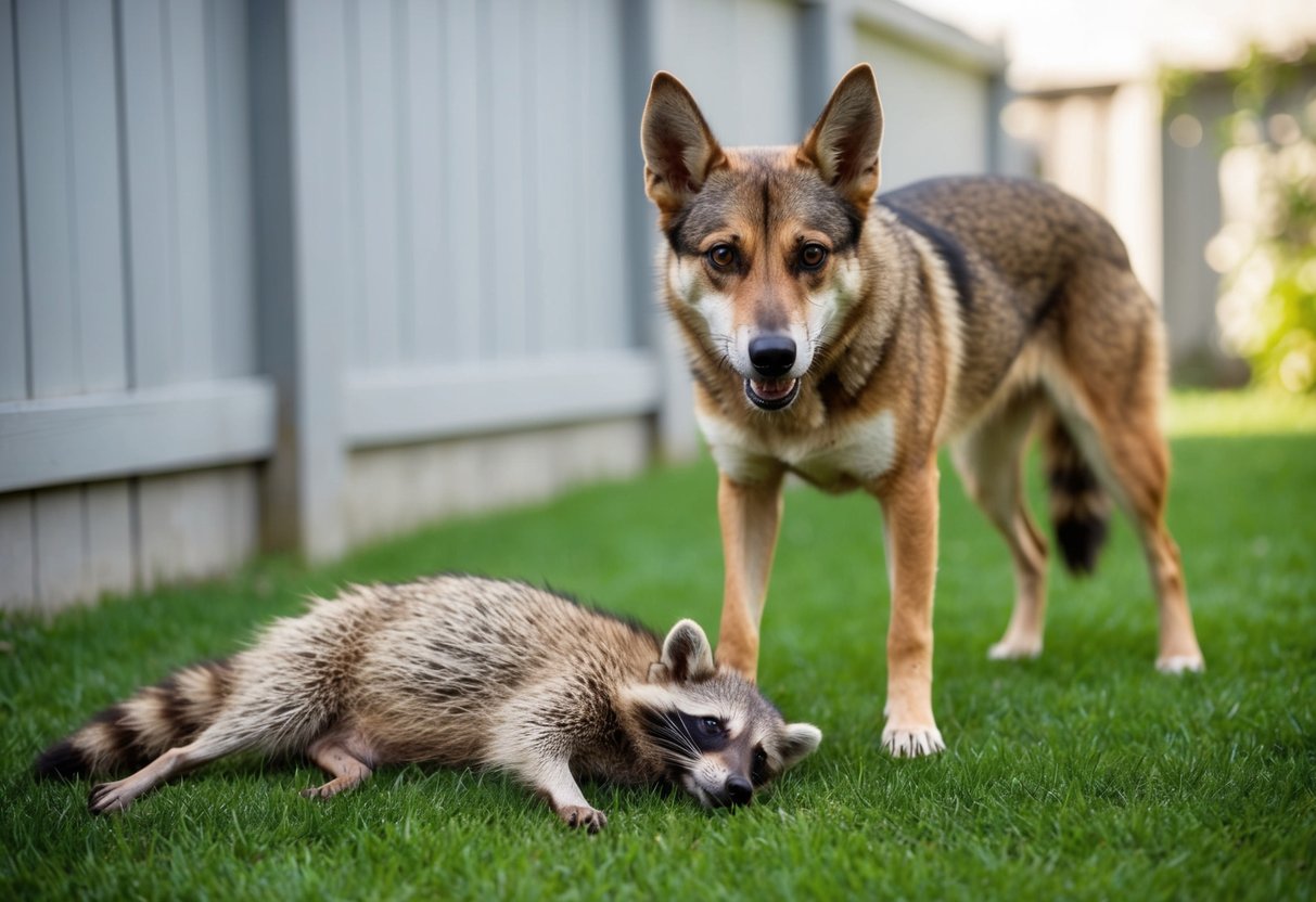 A dog stands over a dead raccoon in a backyard. The raccoon's body is limp, and the dog appears alert and curious