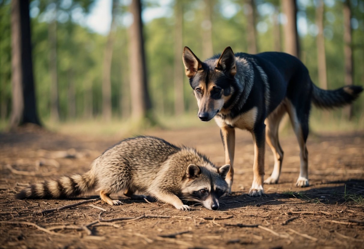 A dog stands over a dead raccoon in a forest clearing
