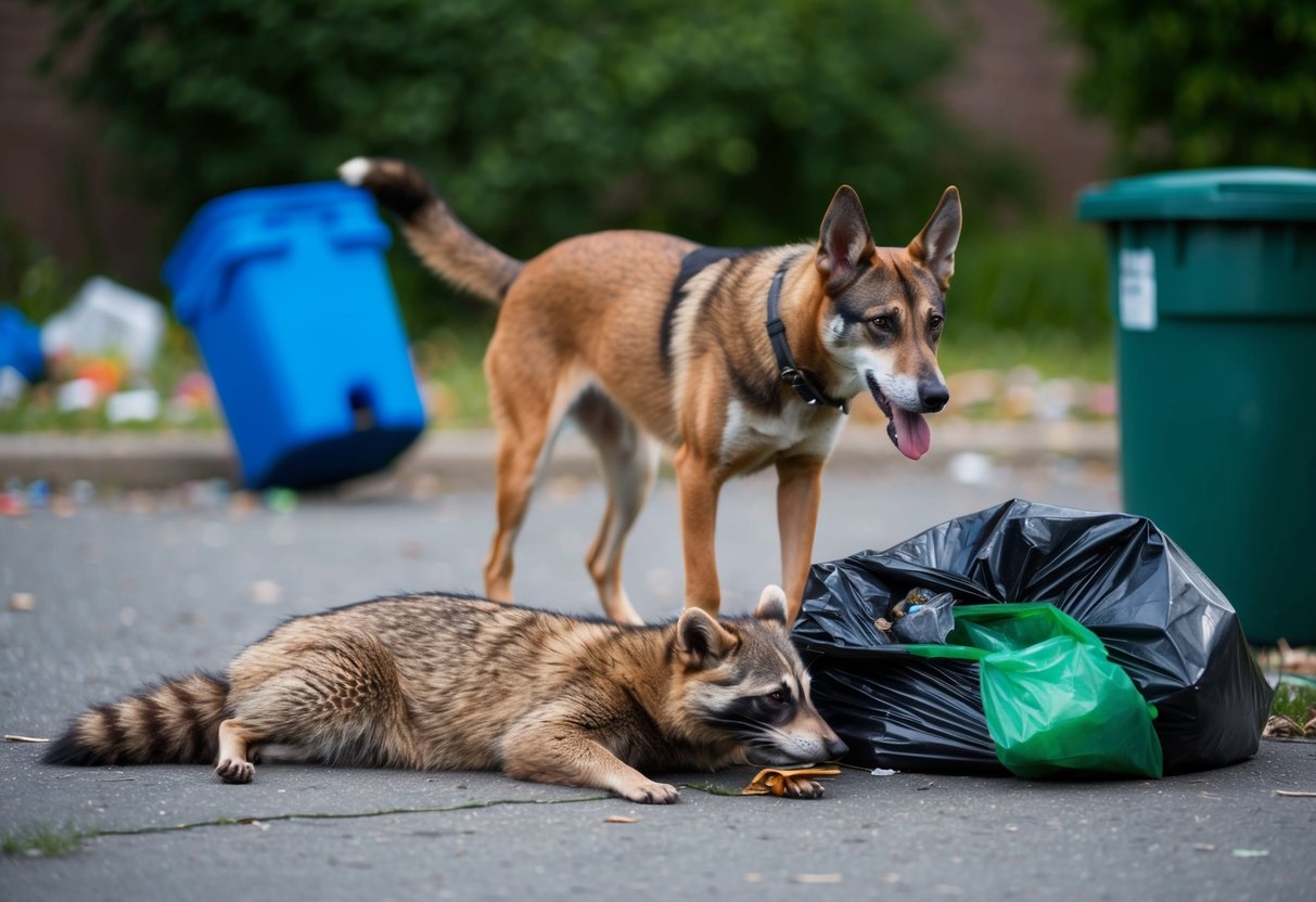 A dog stands over a raccoon's lifeless body, surrounded by a scattered trash can and a torn garbage bag