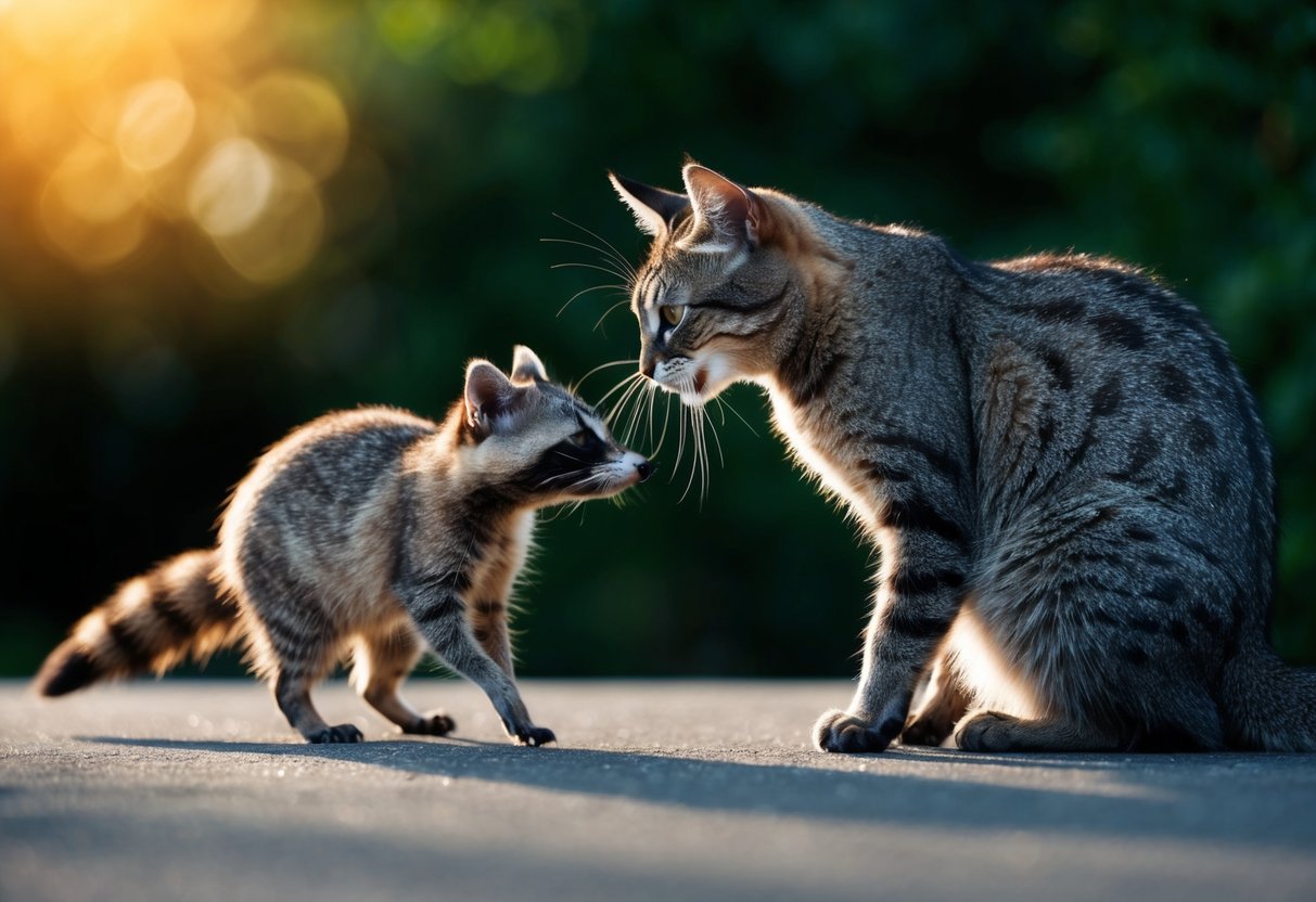 A cat arches its back, hissing at a raccoon approaching from the shadows