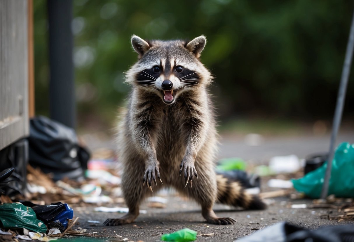 A raccoon stands on hind legs, claws extended, snarling aggressively. Trash and debris litter the ground, evidence of its destructive behavior