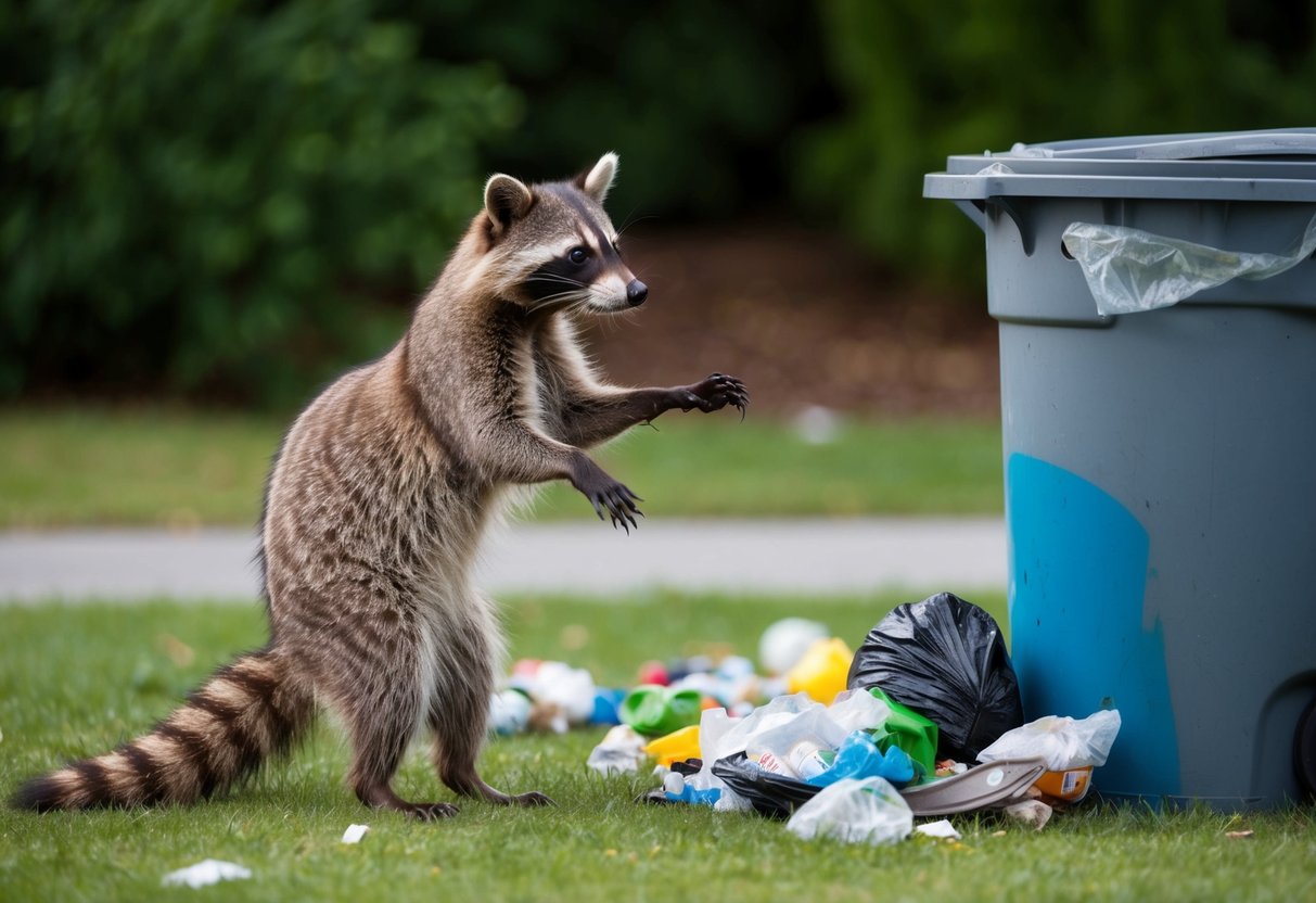 A raccoon stands on its hind legs, claws outstretched, facing a damaged trash can and scattered garbage