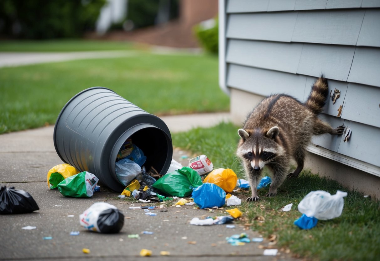A raccoon rummages through a toppled trash can, scattering garbage across a yard. Nearby, the animal has clawed at the siding of a house, leaving visible damage