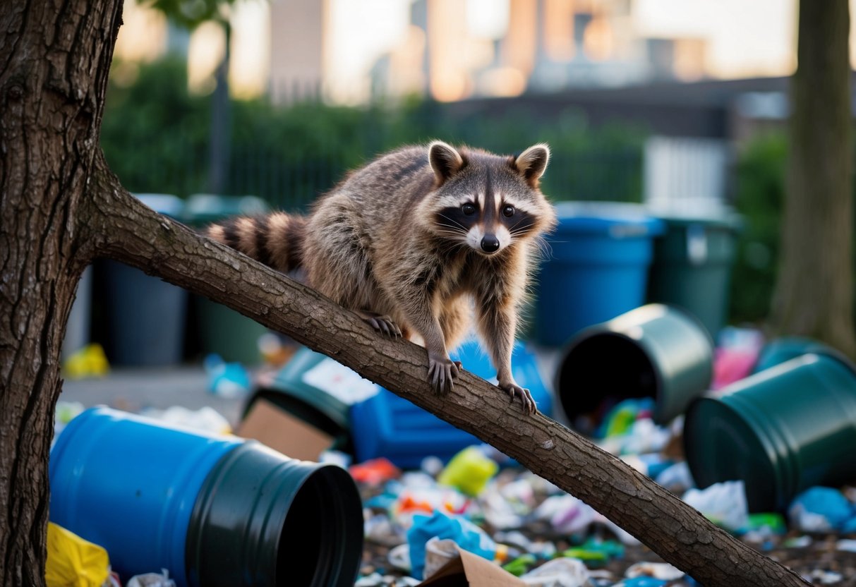 A raccoon perched on a tree branch, surrounded by knocked over trash cans and scattered garbage