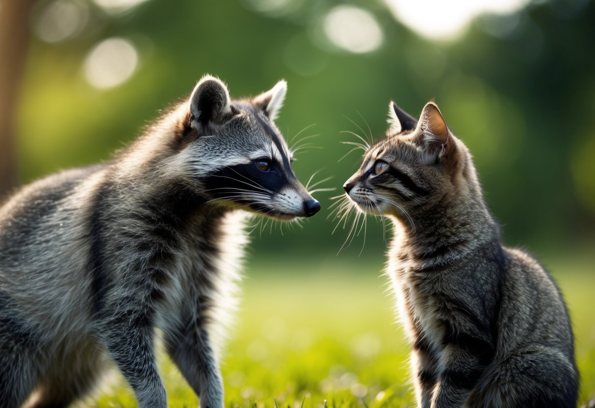 A raccoon and a cat stand side by side, their curious eyes locked in a moment of understanding