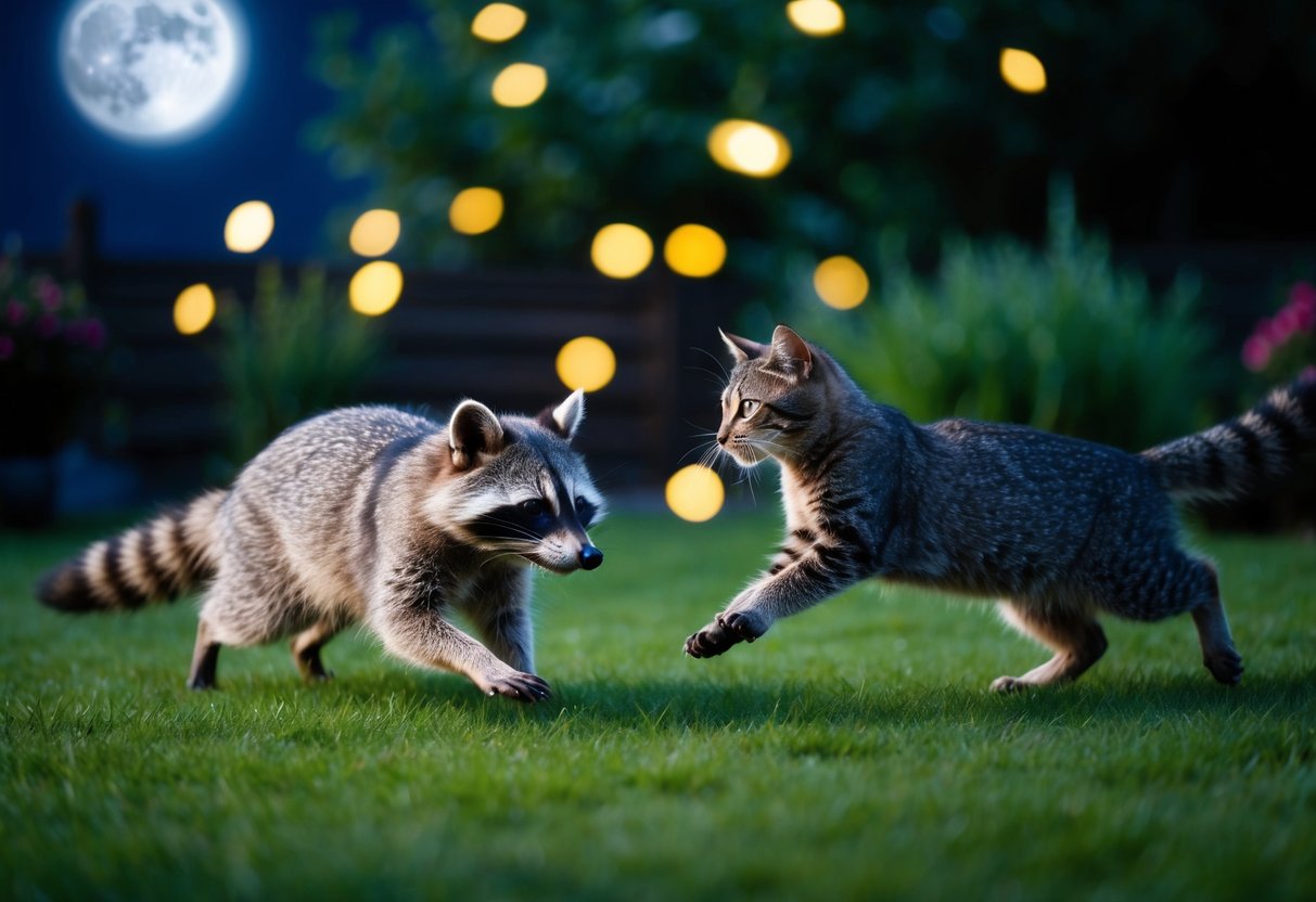 A raccoon and a cat playfully chase each other through a moonlit garden, their eyes glowing in the darkness