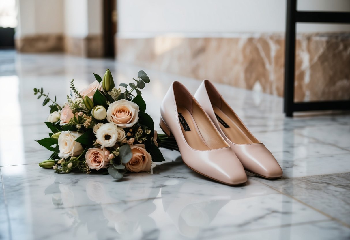 A pair of elegant flat dress shoes placed next to a floral bouquet on a marble floor