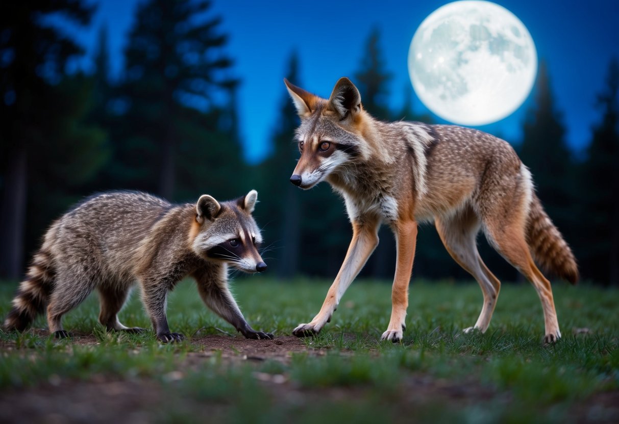 A raccoon faces off against a prowling coyote in the moonlit forest