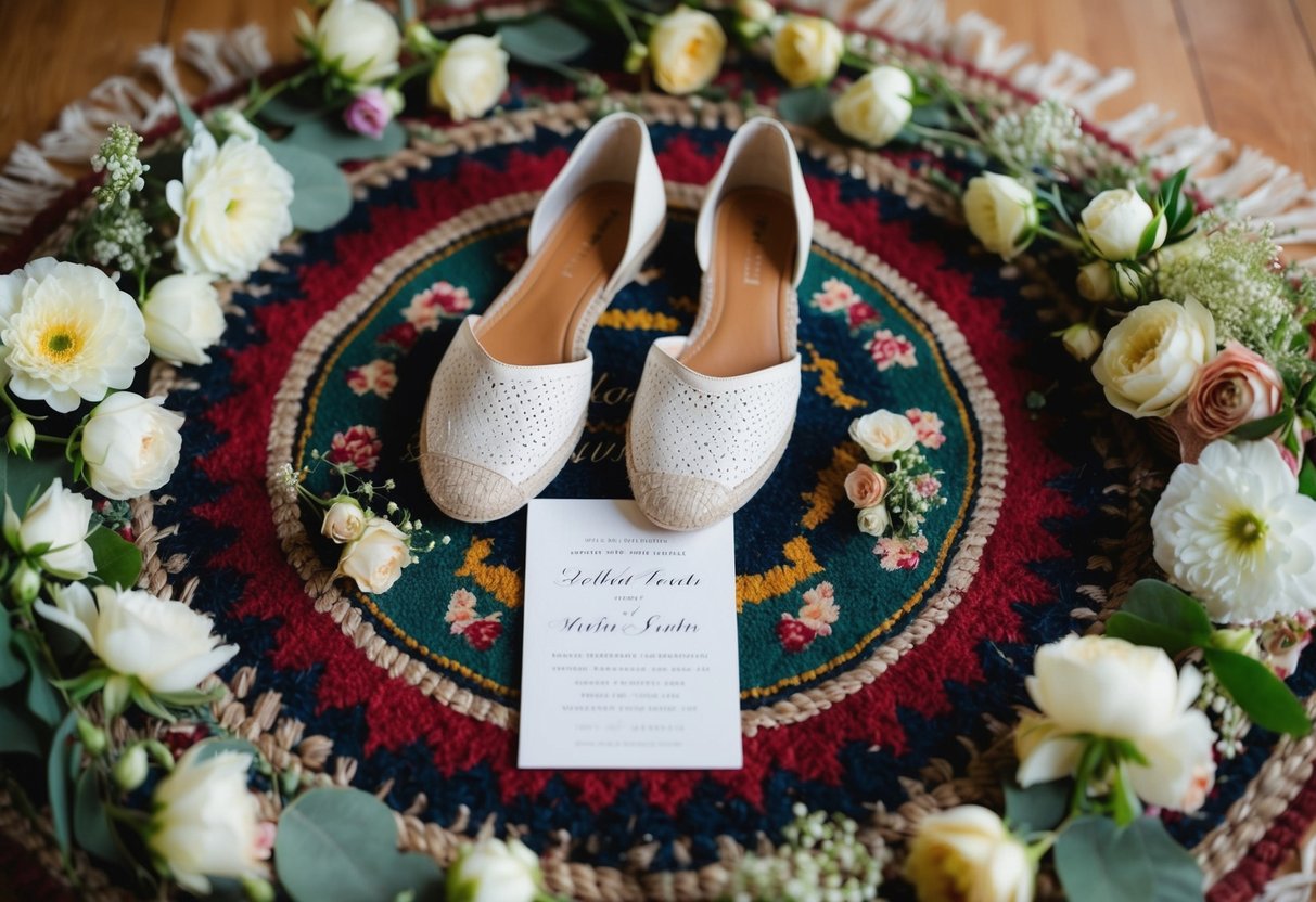 A pair of elegant sandals and espadrilles arranged on a decorative rug, surrounded by delicate flowers and a wedding invitation