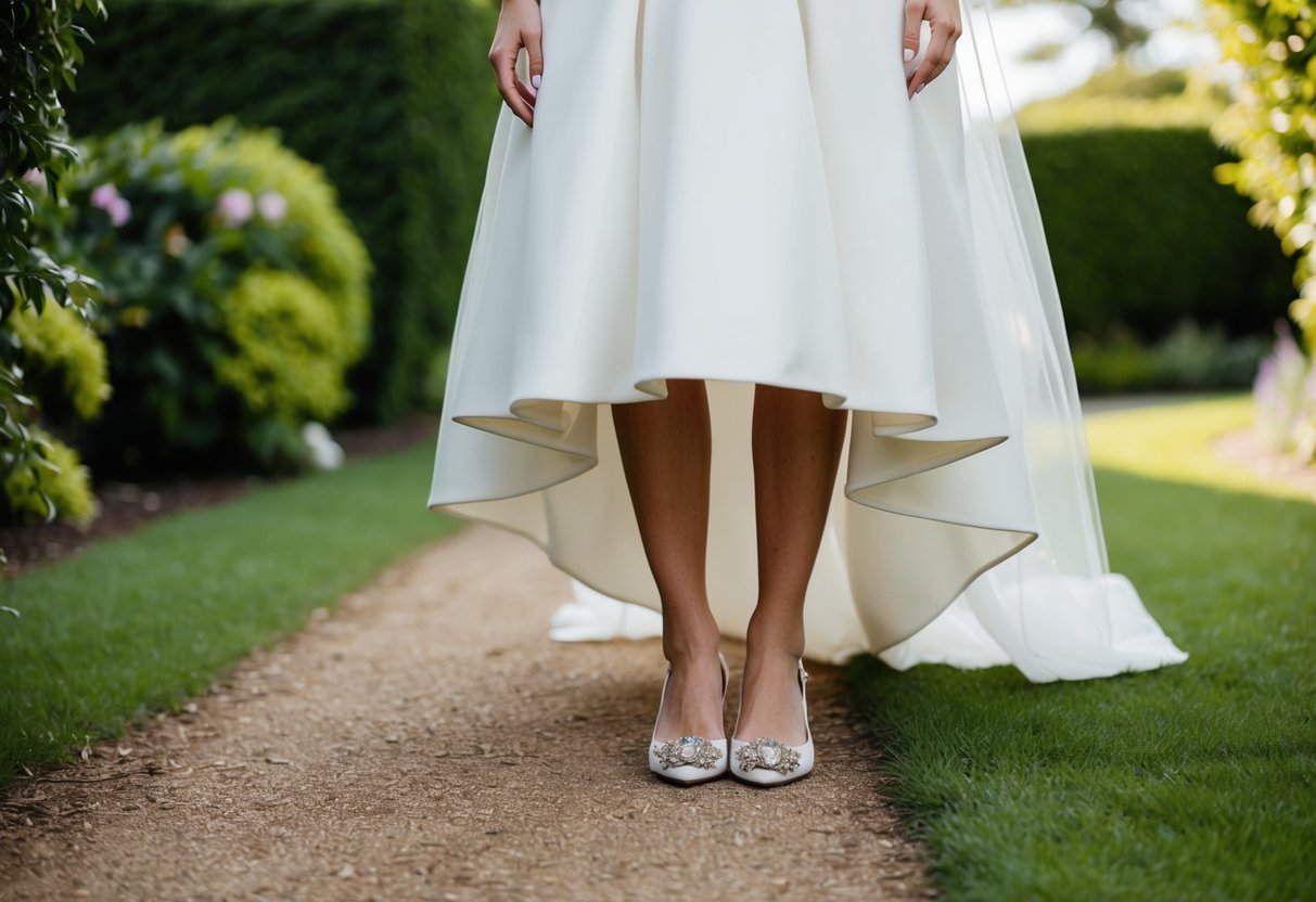 A bride in a stylish wedding gown stands on a lush garden path, wearing elegant and unique non-heel shoes, such as embellished flats or chic sandals