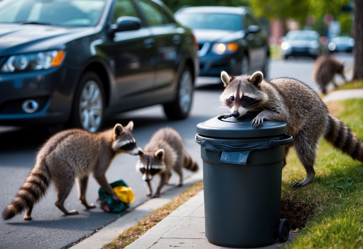 A raccoon cautiously eyes a trash can, while a family of raccoons scavenges nearby, as a car passes by in the background