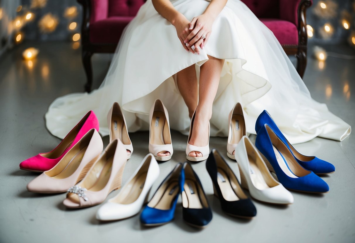 A bride sits surrounded by various low heel and wedge shoe options, carefully considering which pair will complement her wedding dress