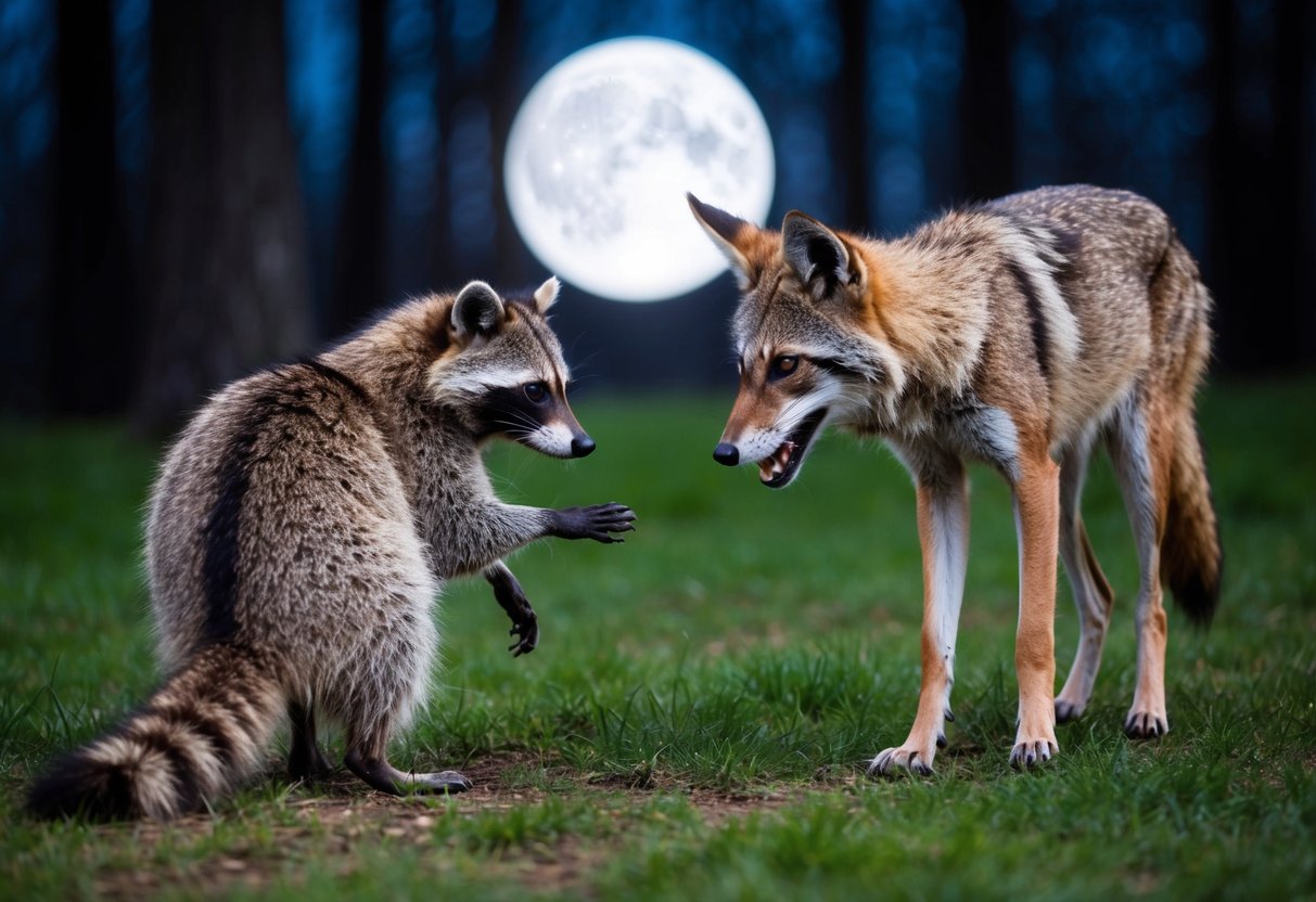 A raccoon faces off against a hungry coyote in the moonlit forest