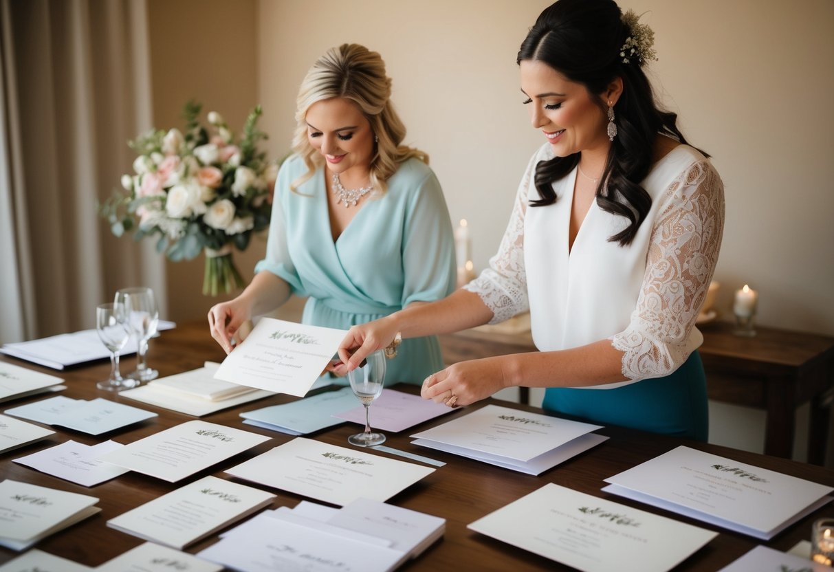 A bride-to-be organizing wedding invitations and seating arrangements