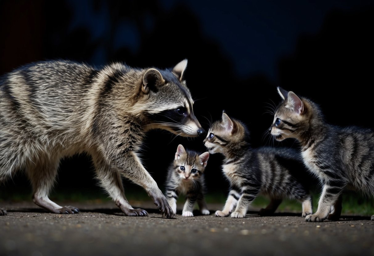 A raccoon approaches a group of cats and kittens, sniffing and observing them cautiously in the dim light of the night