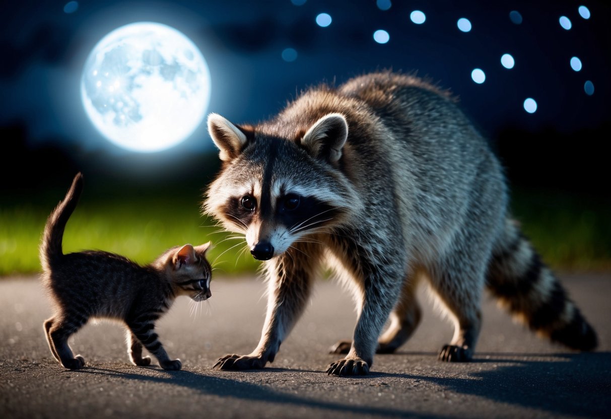 A raccoon prowls in the moonlit night, eyeing a small kitten with curiosity
