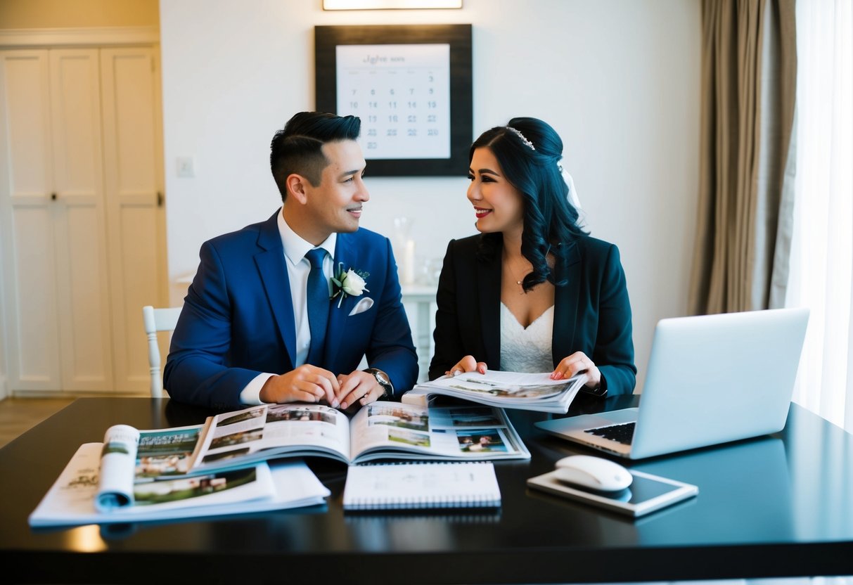 A couple sits at a table, surrounded by wedding magazines, a calendar, and a laptop. They are discussing and finalizing key details for their upcoming wedding