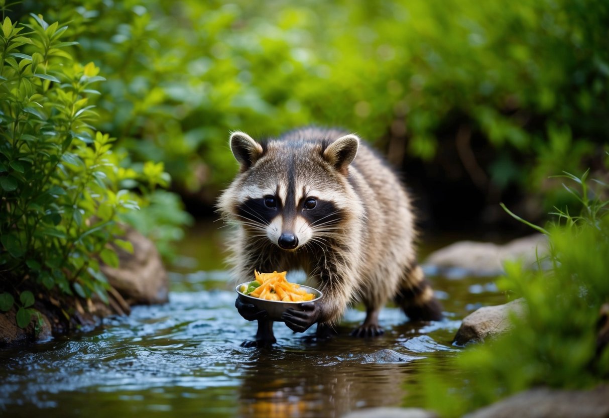 A raccoon washes its food in a stream, surrounded by lush greenery and wildlife